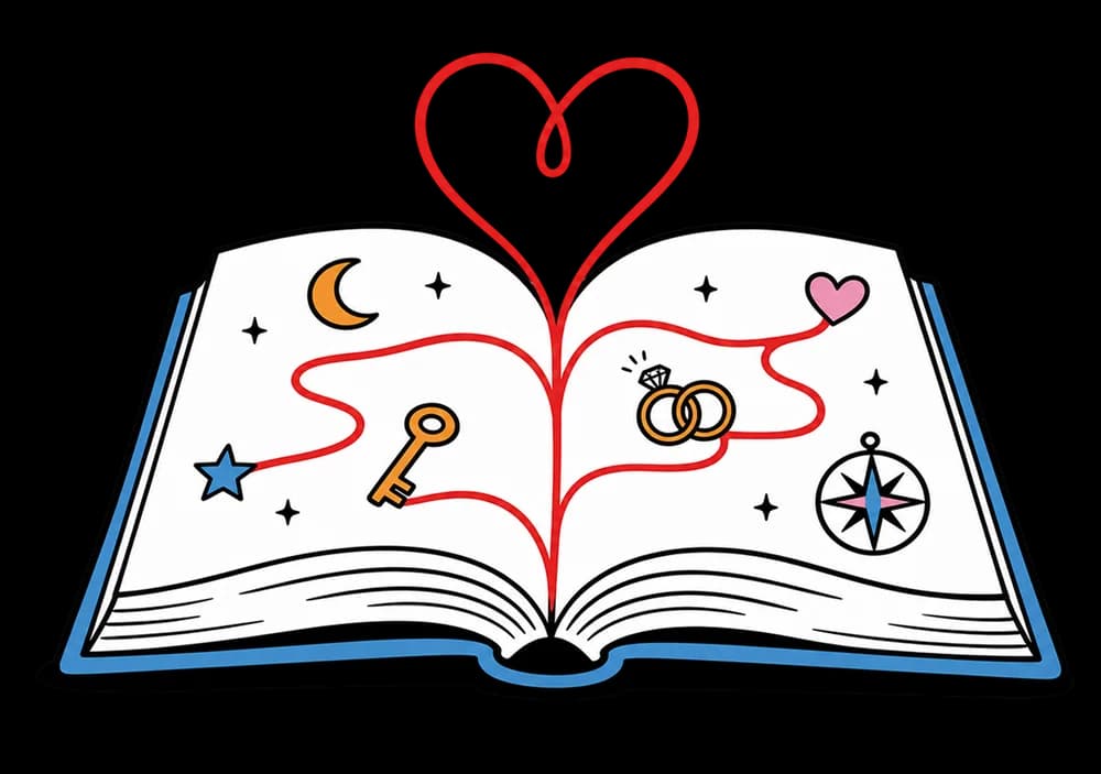 An open love storybook connected by a red heart