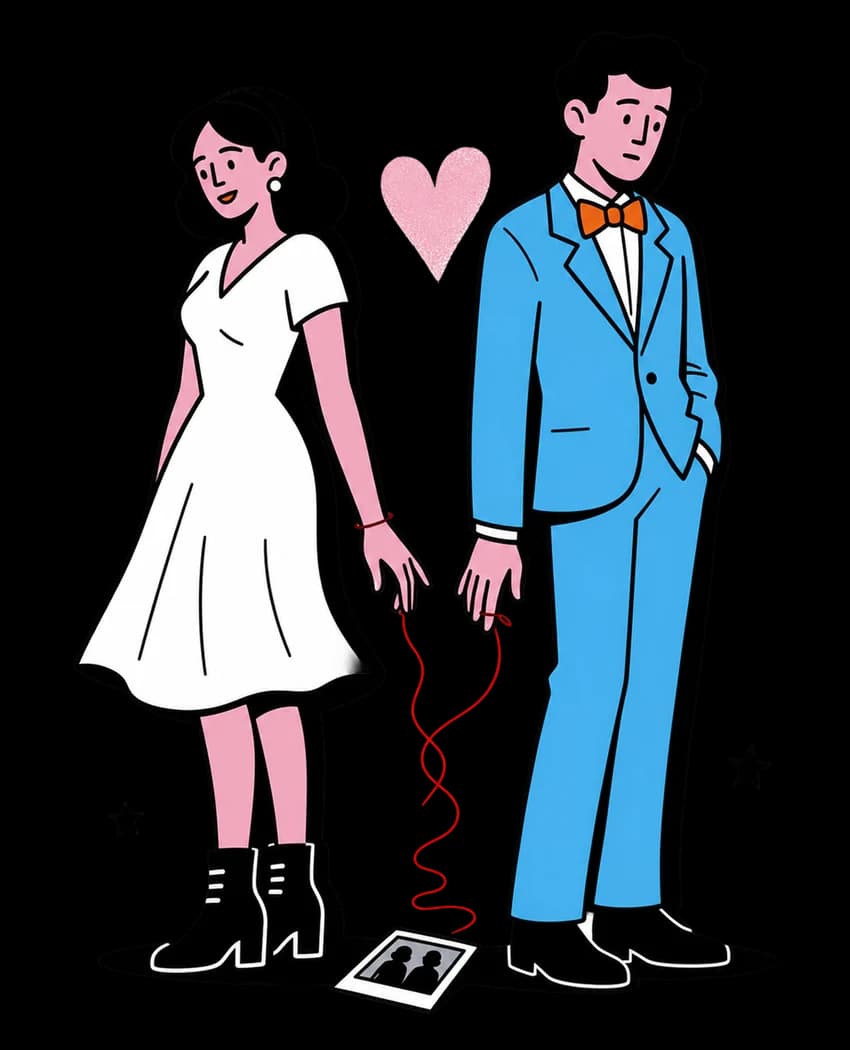 Two past lovers connected by a red thread