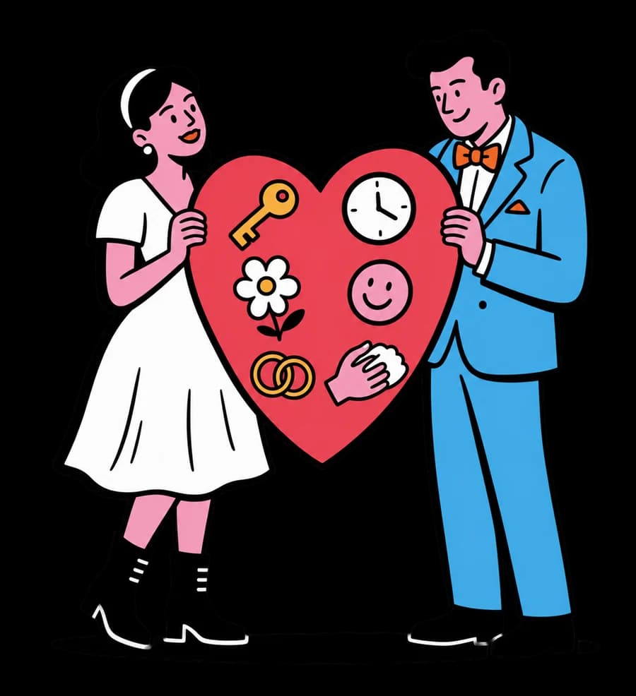 A couple holding a heart filled with relationship symbols