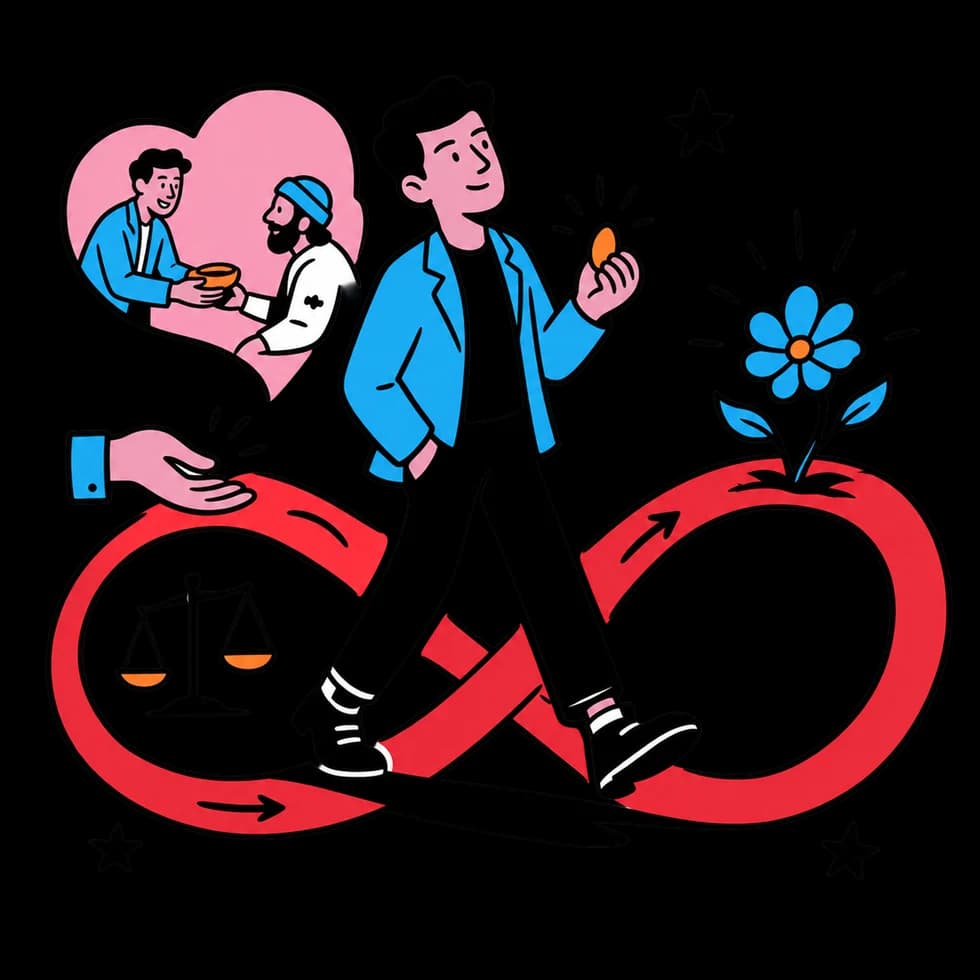 A person following a symbolic karmic journey